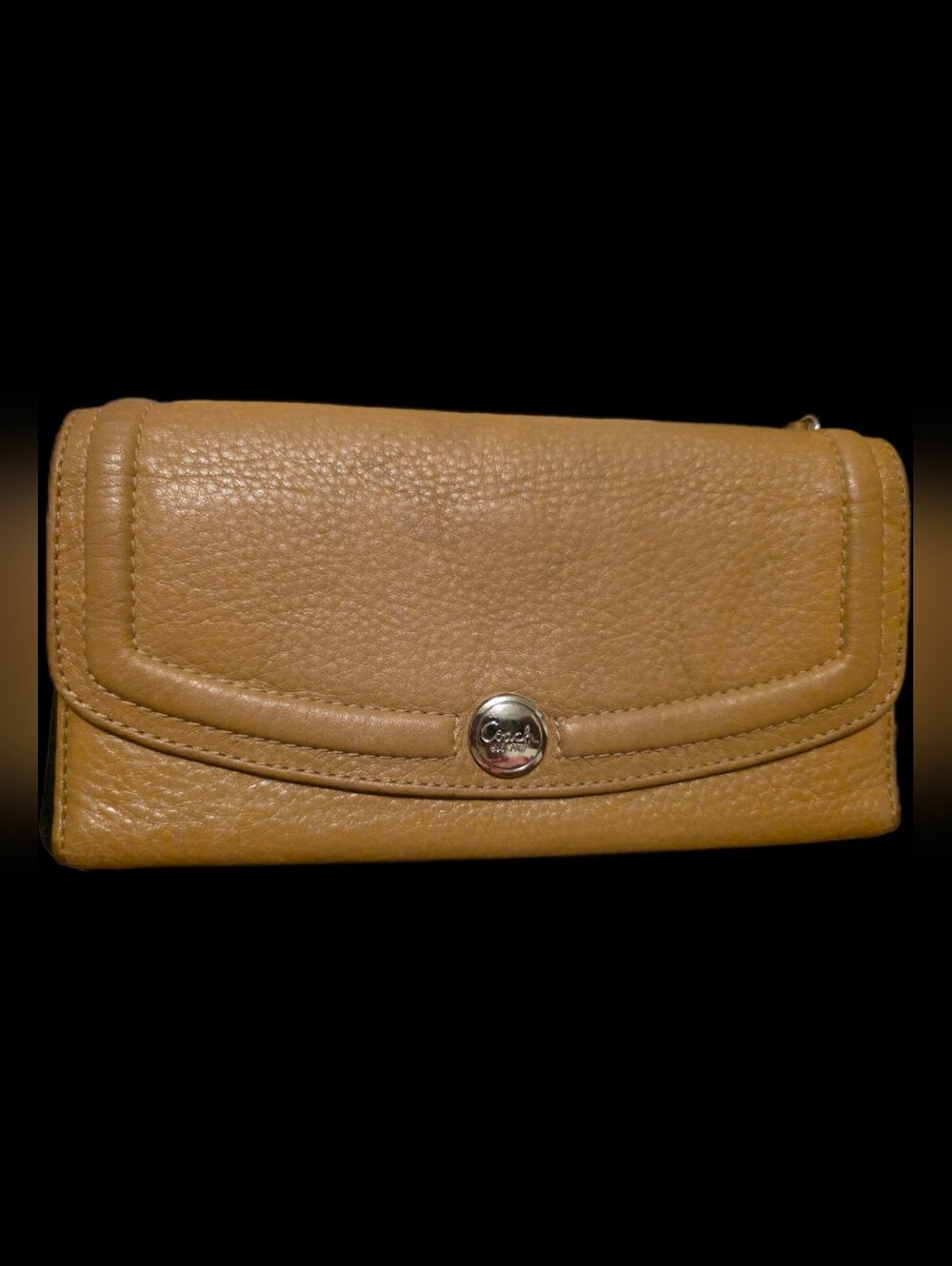 Coach Pebbled Leather Fold-Over Wallet Clutch in Camel